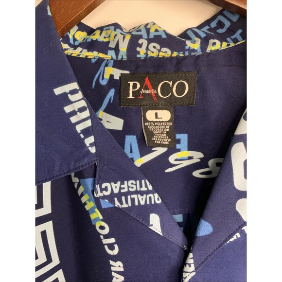 Vintage Paco Jeans Co Short Sleeve Shirt Size Y2K Blue Button Graphic Collar - Picture 3 of 6